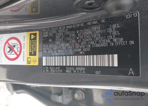 2013 Toyota Highlander Limited V6 from USA, damaged, VIN 5TDDK3EH0DS221967